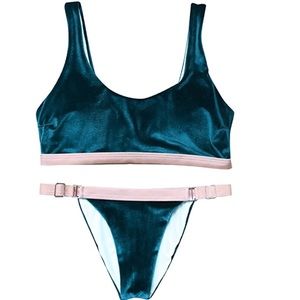Green velvet with pink straps bikini. Small.